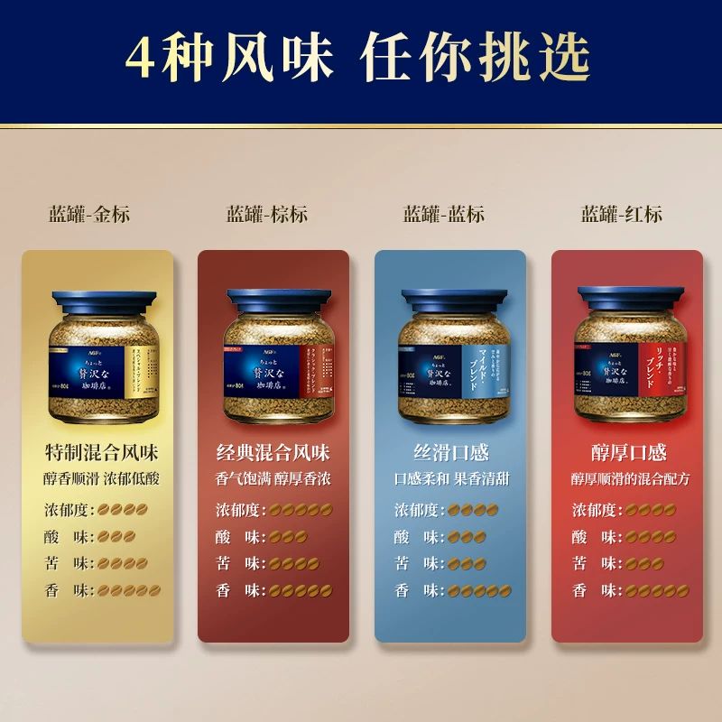 AGF日本agf咖啡美式黑咖啡无蔗糖蓝罐速溶冻干咖啡粉80g*4瓶 124元 - 线报酷