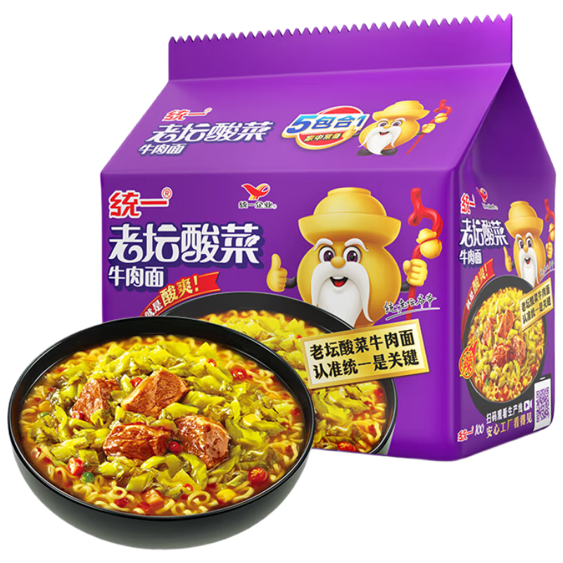 President统一老坛酸菜牛肉面方便面袋装5袋 8元 - 86线报