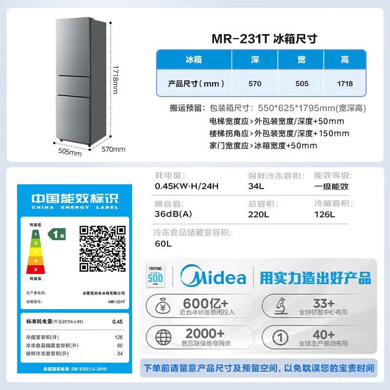 美的 220L三门冰箱 灰色 一级能效MR-231T 899元 满1元打9折 - 86线报