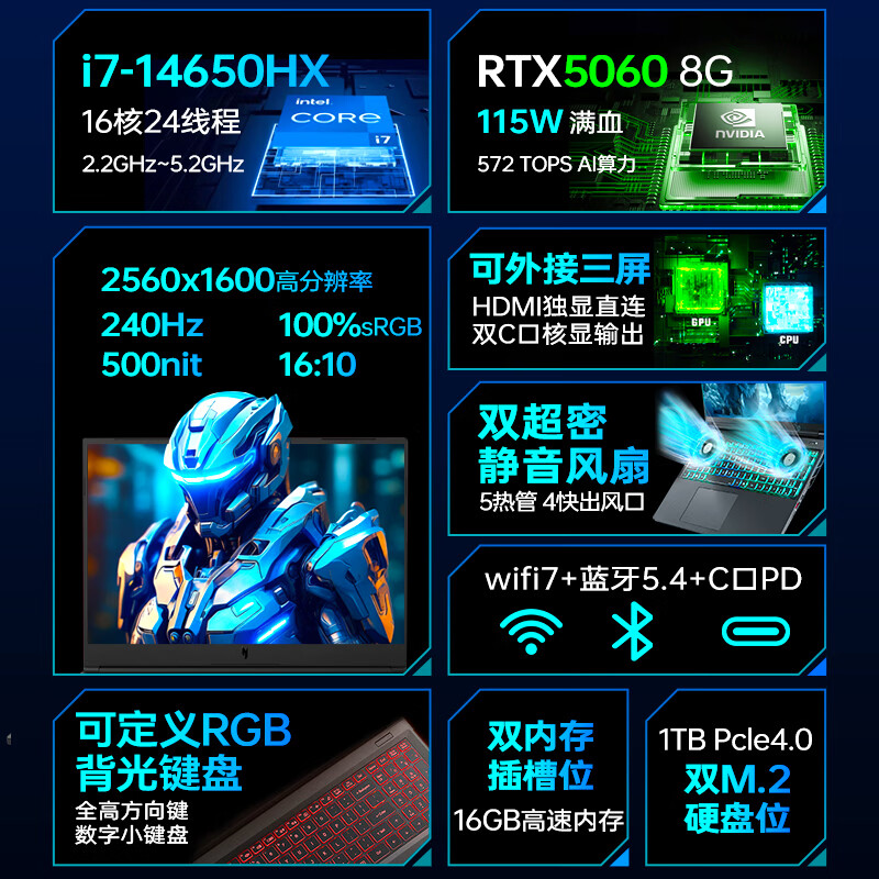 宏碁宏基暗影骑士擎7i7-14650HX16G官方标配1T/2.5K+高刷 8074.15元 - 86线报