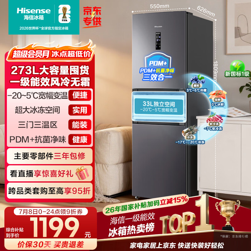 海信BCD-273S2RNKQD风冷三门冰箱273L 1084.42元 - 86线报