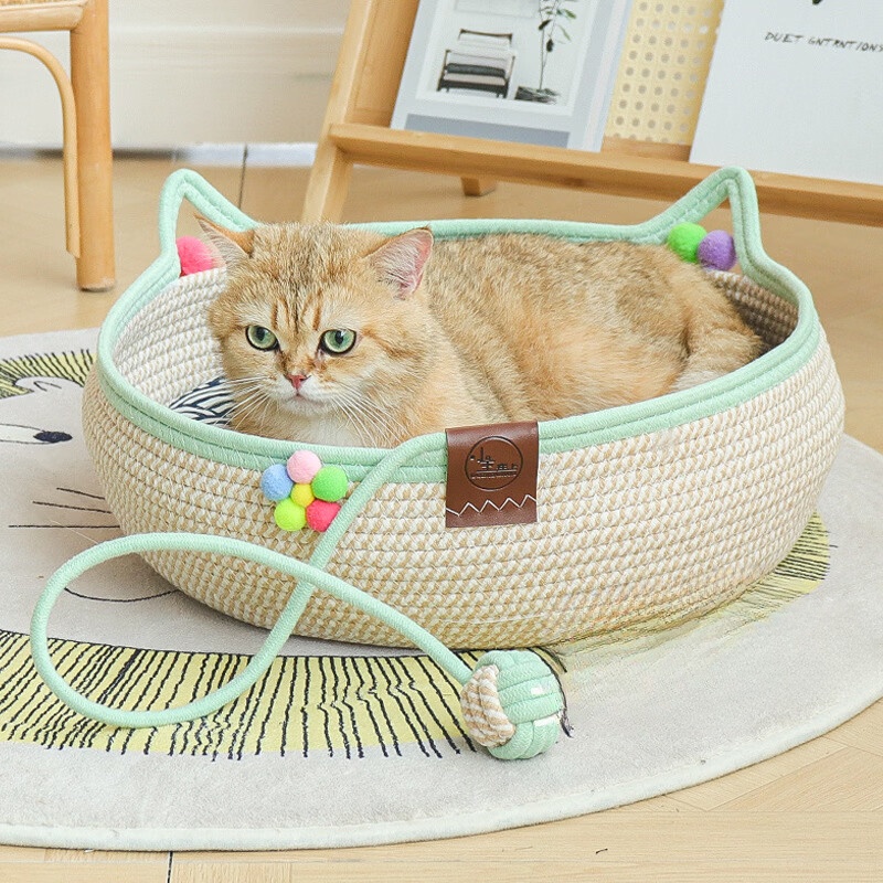 瓜洲牧藤编猫窝猫抓板自嗨球一体四季通用手工编织可水洗耐抓棉绳宠物窝元宝小花朵玩具球一体裸窝M-中型 - 86线报