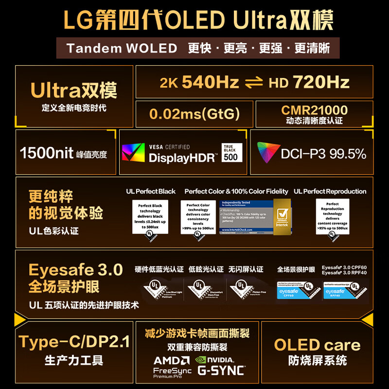LG 26.5英寸第四代OLED高刷双模2K540Hz/HD 720Hz显示器27GX790B - 线报酷