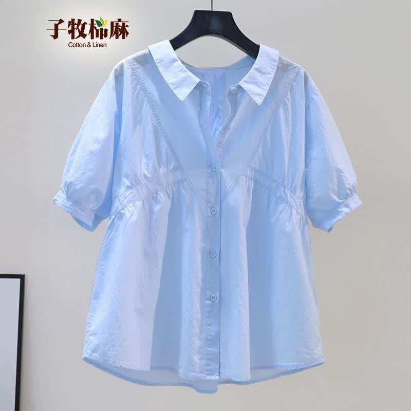 子牧棉麻2026夏季女短袖衬衫泡泡袖宽松薄款上衣蓝色M 59元 - 86线报