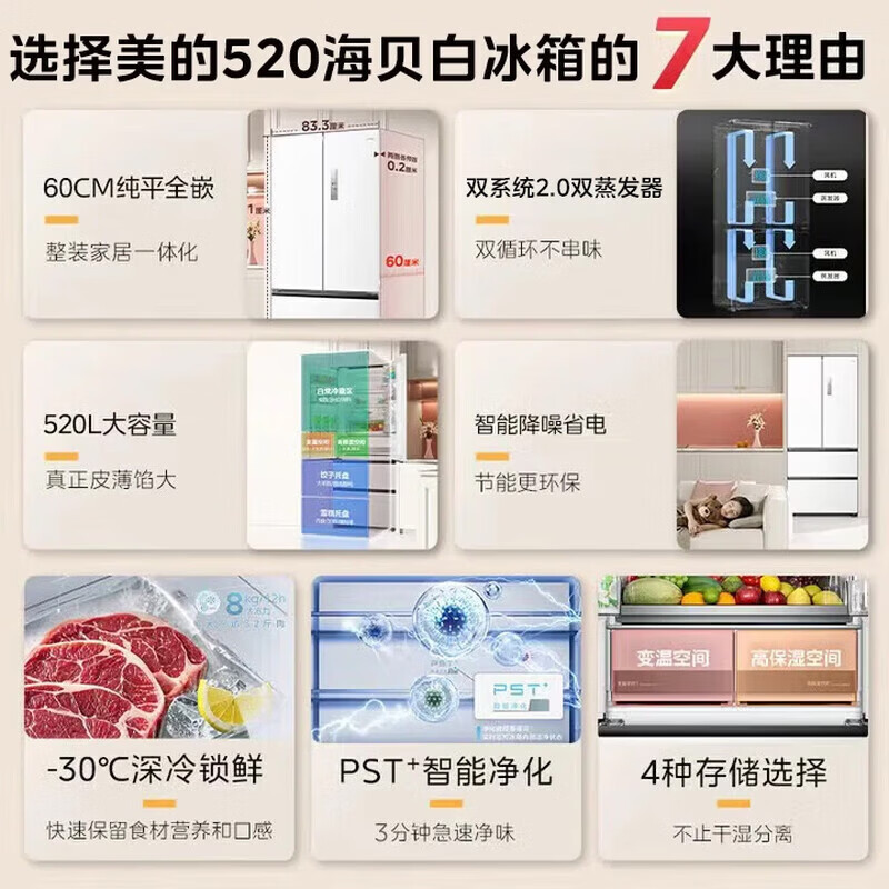 美的M60系列BCD-520WUFPZM(E)风冷法式门冰箱520L海贝白 3643元 - 86线报