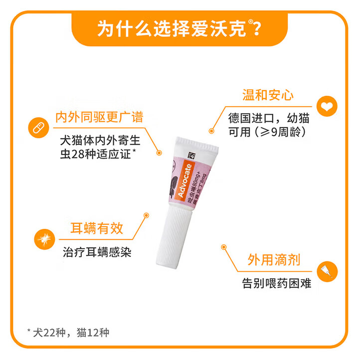 爱沃克宠物驱虫药内外同驱耳螨跳蚤蛔虫4~8kg大猫0.8ml*3支德国 110元 - 86线报