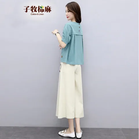 子牧棉麻 女士圆领上衣+休闲阔腿裤两件套装 券后89元 图片 2