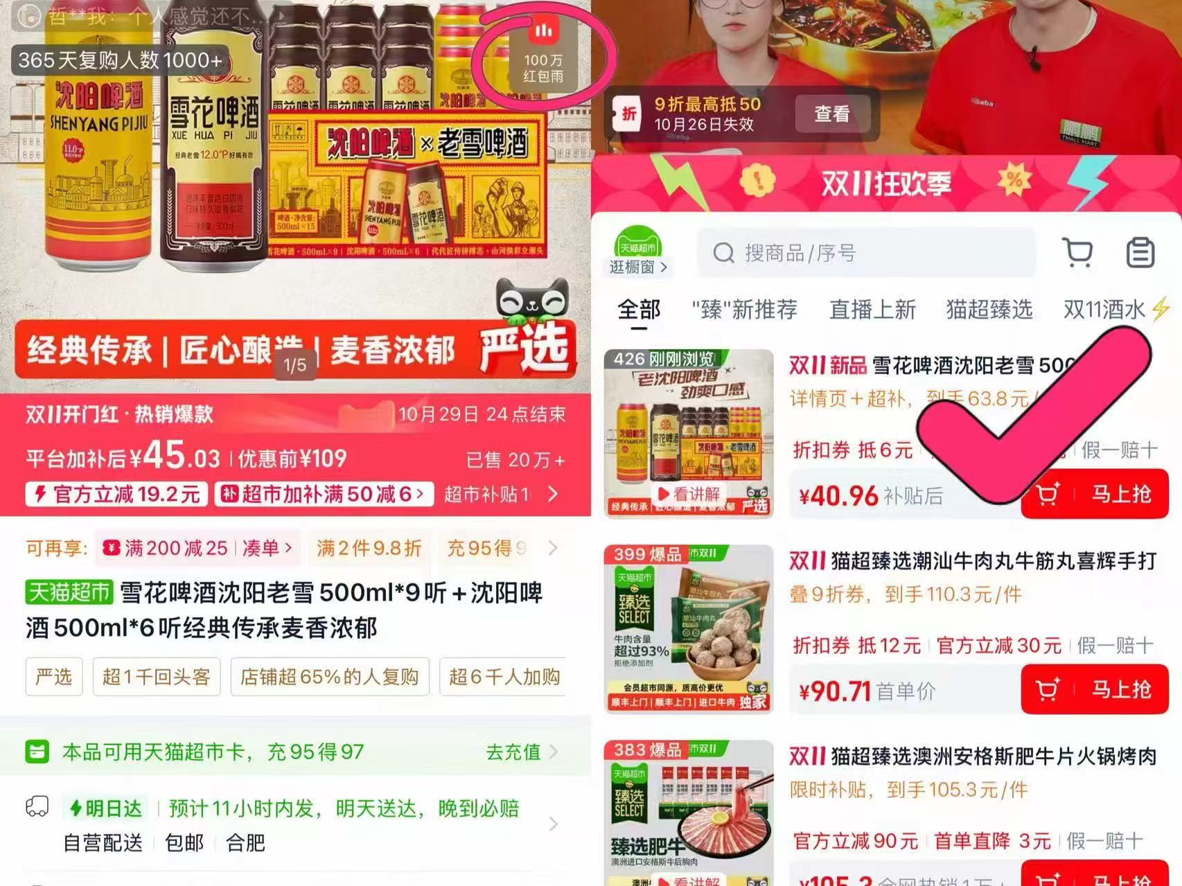天猫超市雪花沈阳老雪500ml×9听+沈阳啤酒500ml×6听组合 2.2元/听 - 线报酷