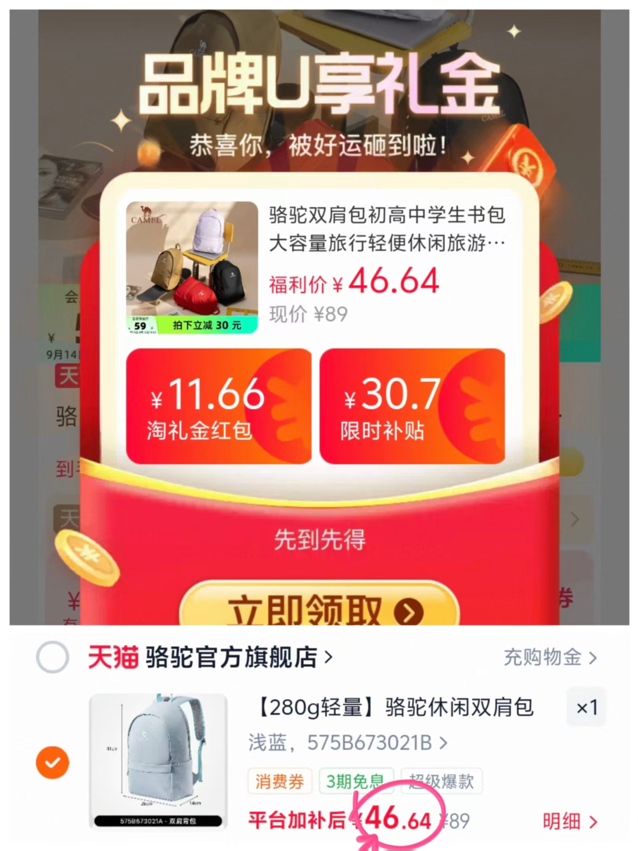 骆驼官旗双肩包 46.6元 - 折送网