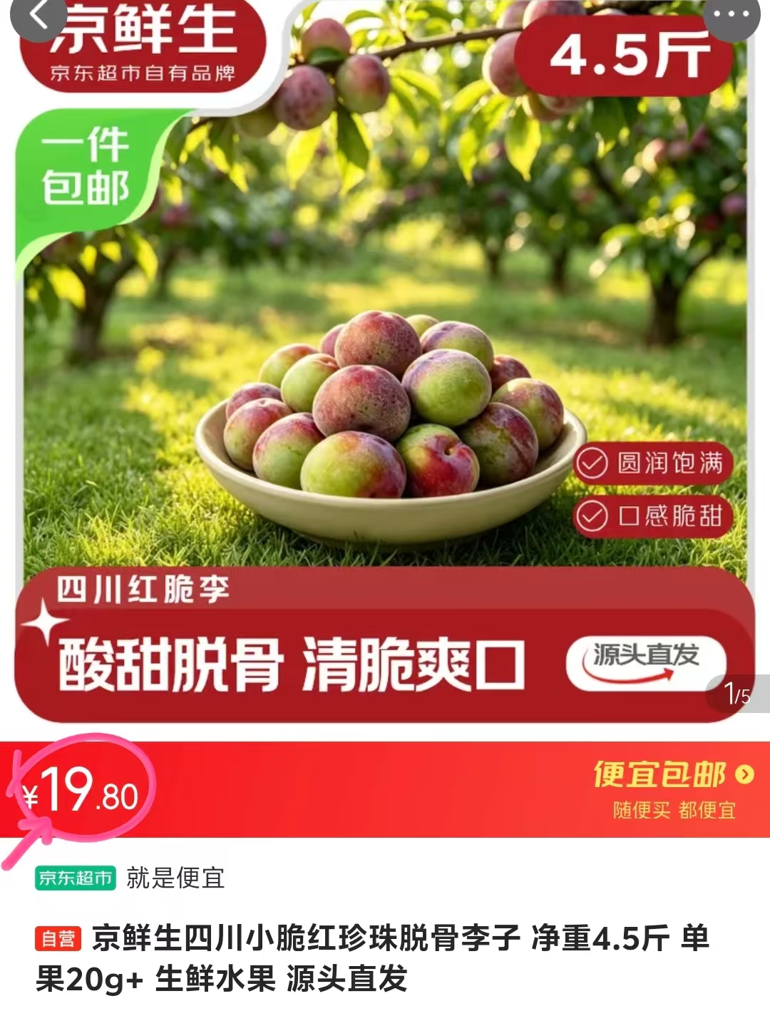 京鲜生四川红脆李单果20g+净重4.5斤 19.8元 - 爱挖宝线报