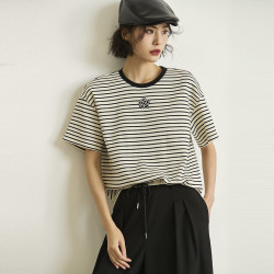 LILY 2026夏新款简约休闲通勤百搭宽松撞色条纹短袖T恤短款女上衣 - 折送网